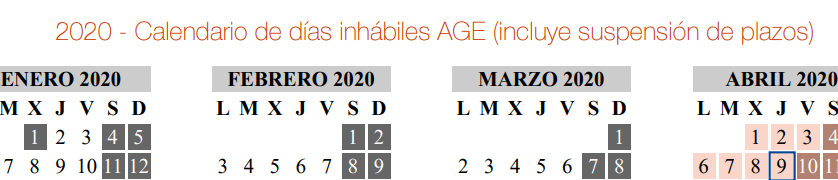 Calendario de días inhábiles 2020