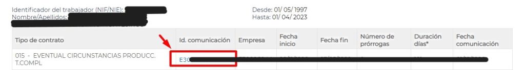 Se puede obtener el detalle de un contrato pinchando sobre su enlace. La información se obtiene en formato pdf y es básica (fechas, tipo de contrato, partes contratantes y ocupación).