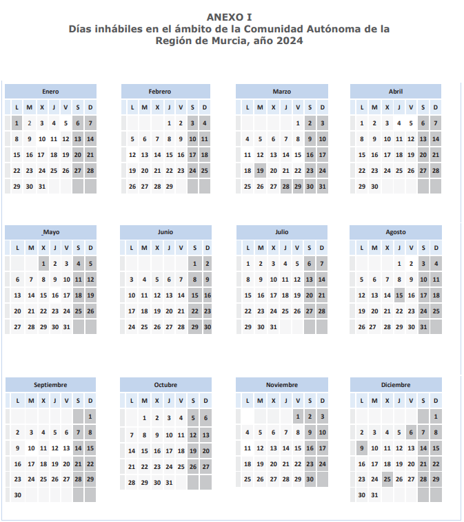 Calendario días inhábiles carm 2024