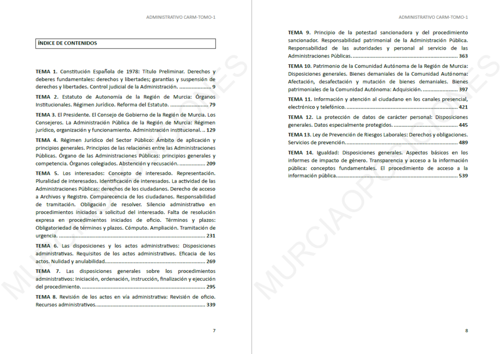 Administrativo CARM 2026 Tomo I actualizado octubre 2026 + Tests PDF 2 Muestra interior del Tomo I de Administrativo CARM