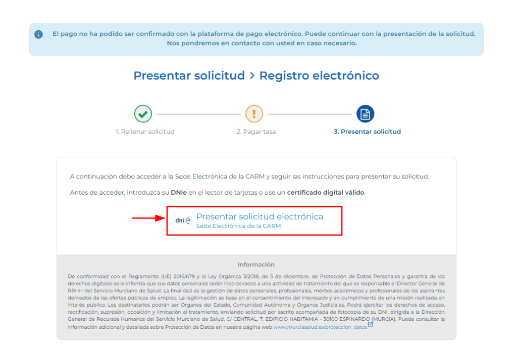 Página posterior al pago para presentar la solicitud telemática