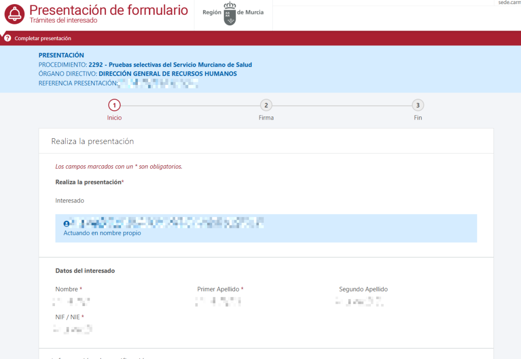Pantalla para revisar datos personales, correo electrónico y teléfono