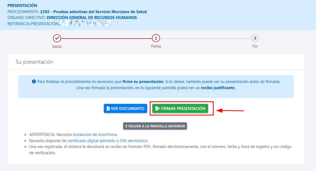 Pantalla para firmar la presentación telemática