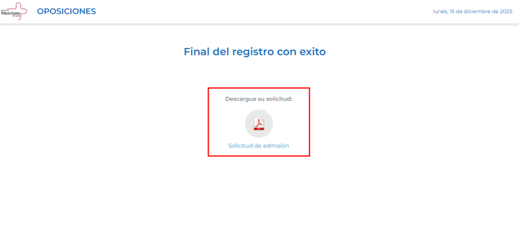 Pantalla final para descargar la solicitud presentada