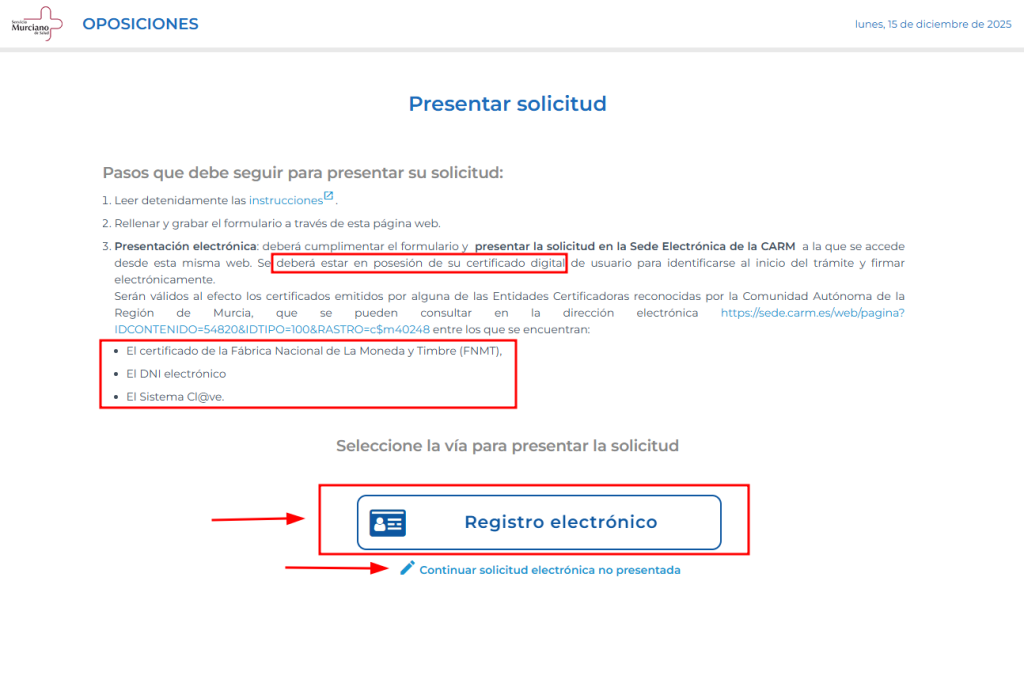 Botón Presentar solicitud en la convocatoria seleccionada