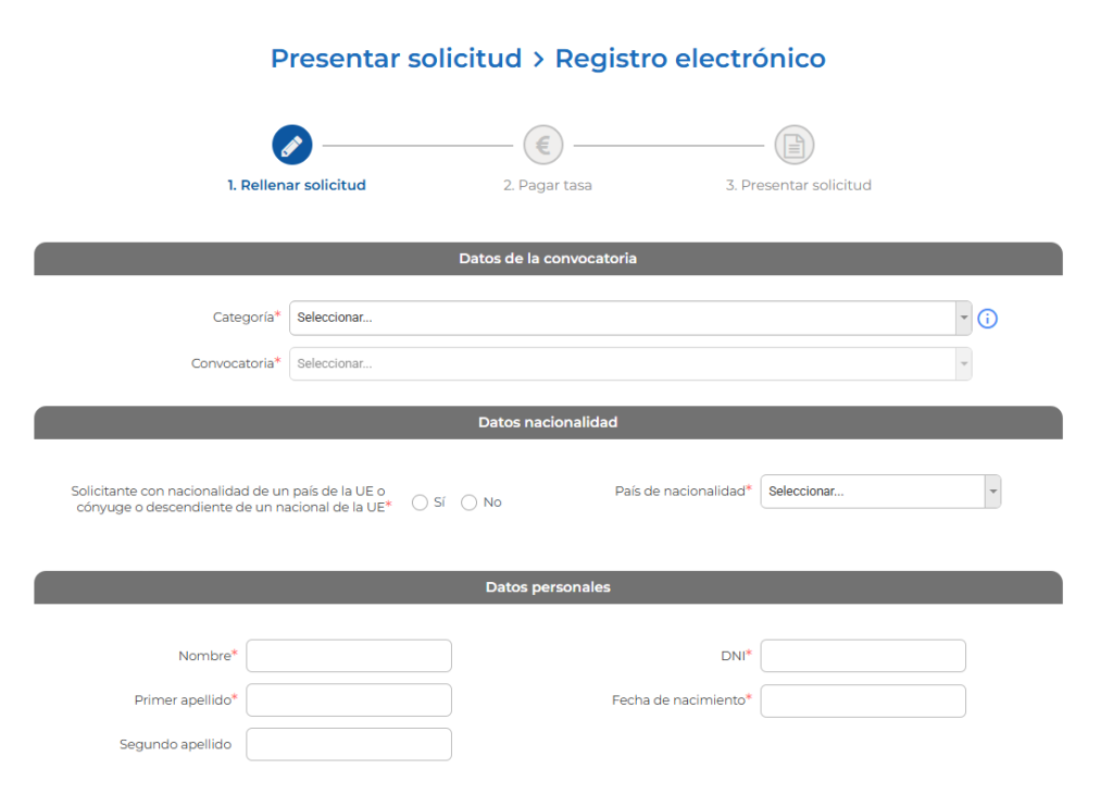Pantalla de continuación antes de cumplimentar el formulario de inscripción