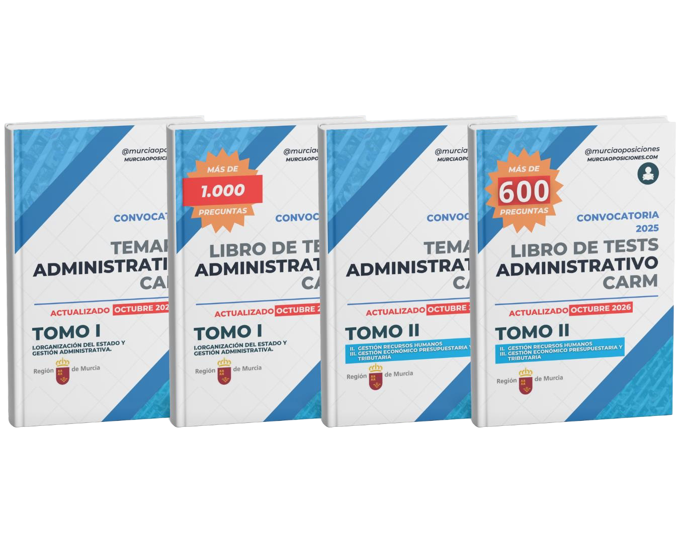 Pack completo Administrativo CARM actualizado octubre 2026 con los cuatro libros: Tomo I, tests Tomo I, Tomo II y tests Tomo II