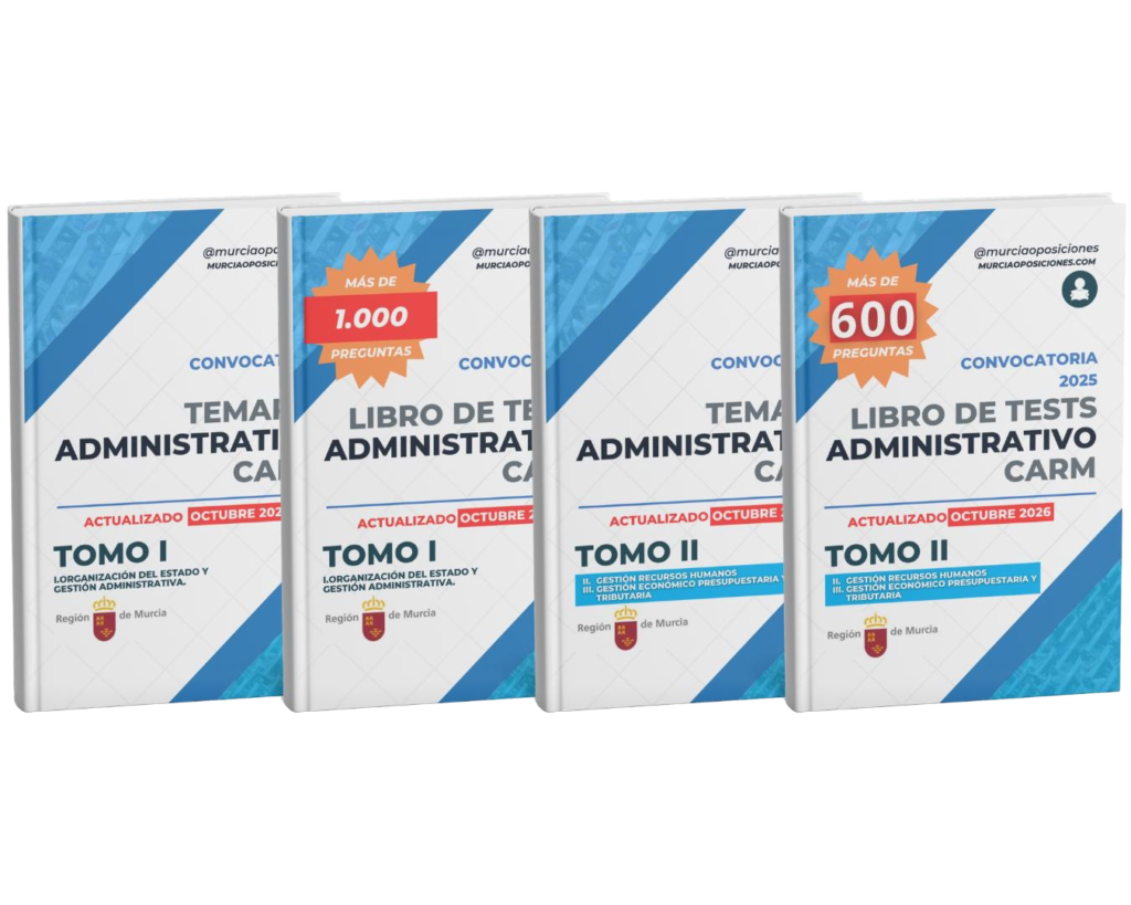 Pack completo Administrativo CARM actualizado en octubre de 2026 con los cuatro libros: Tomo I, tests Tomo I, Tomo II y tests Tomo II