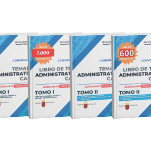 Pack completo Administrativo CARM actualizado 2026 con los cuatro libros: Tomo I, tests Tomo I, Tomo II y tests Tomo II