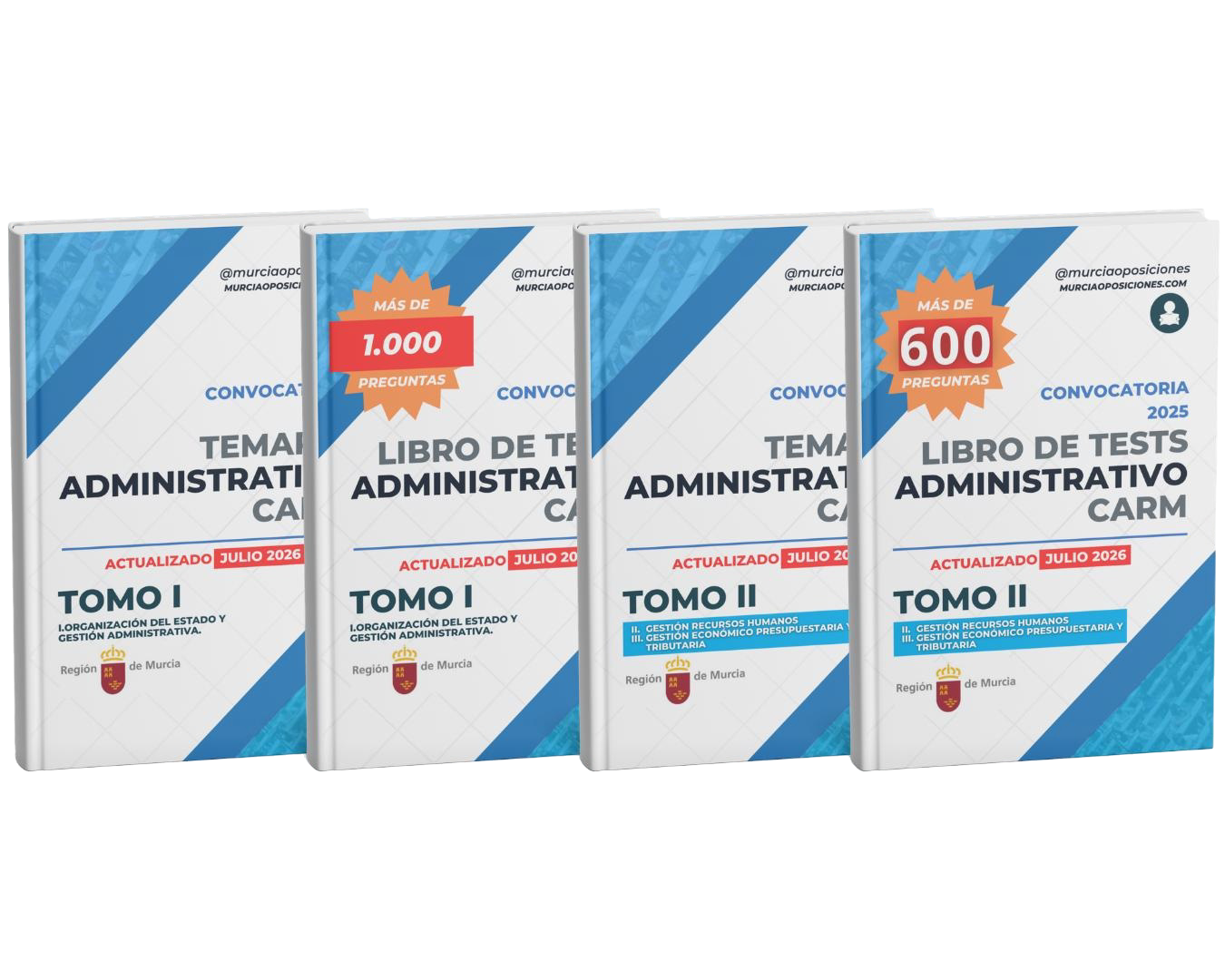 Inicio - Temarios y tests oposiciones CARM 1 Pack completo Administrativo CARM actualizado 2026 con los cuatro libros: Tomo I, tests Tomo I, Tomo II y tests Tomo II
