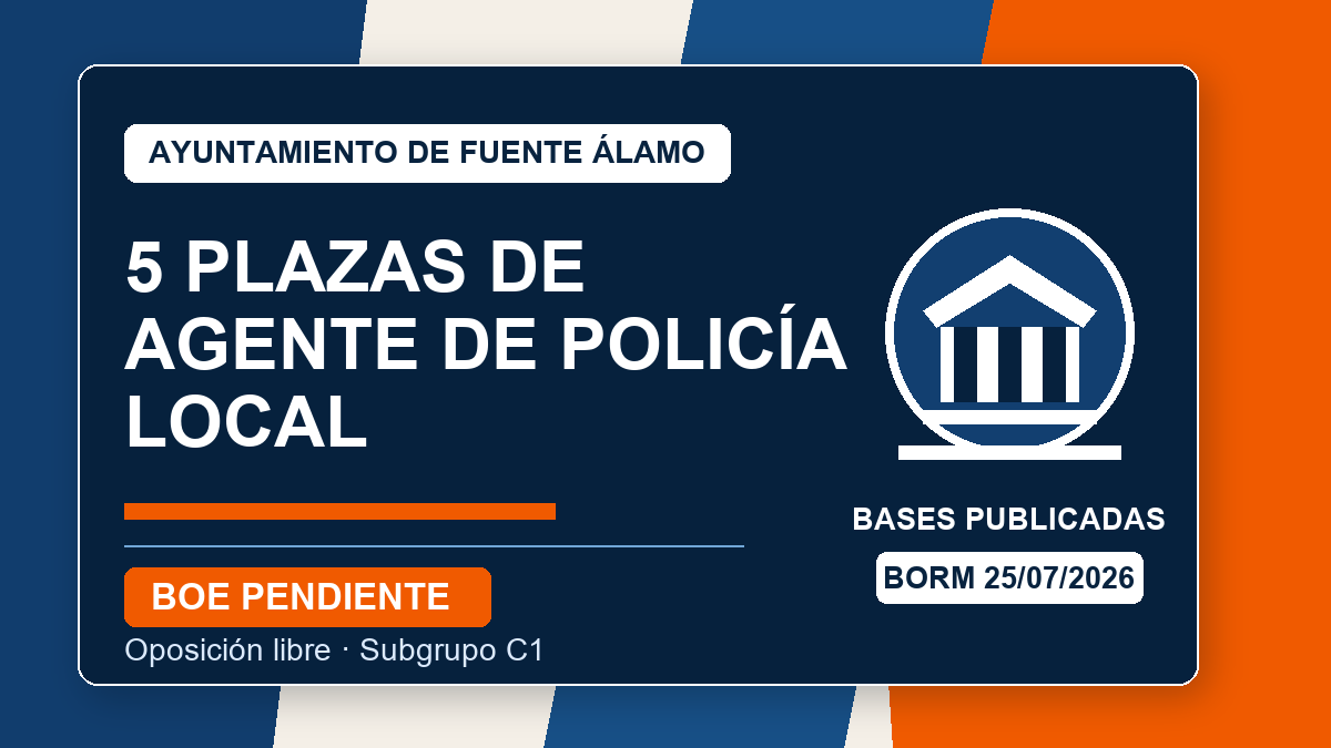 Imagen principal: 5 plazas de Agente de Policía Local en Fuente Álamo