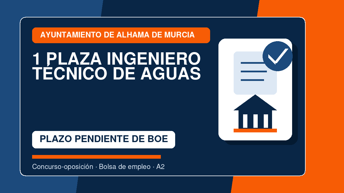 1 plaza de Ingeniero Técnico de Aguas en el Ayuntamiento de Alhama de Murcia: bases, pruebas y temario 1 Ingeniero Técnico de Aguas - Ayuntamiento de Alhama de Murcia